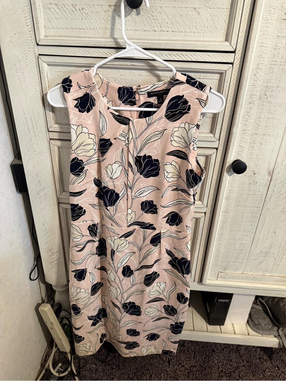 Banana Republic Pink Floral Midi Dress with Navy and Cream Blooms